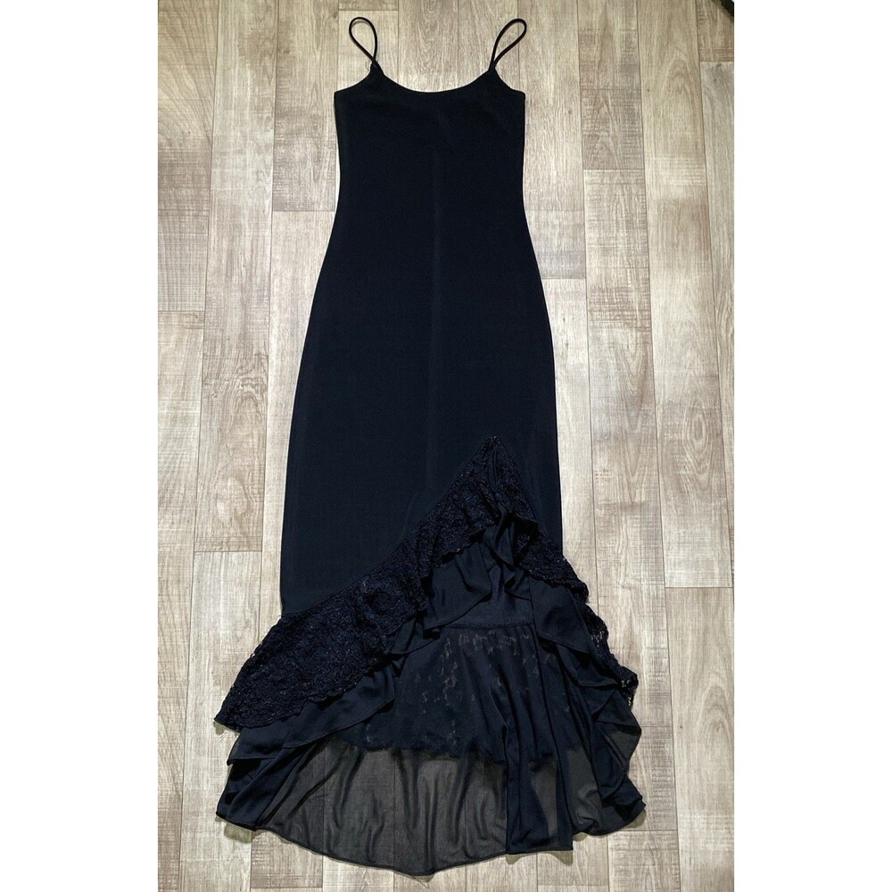 Y2K Black Lingerie Slip Dress S Lace Spaghetti Strap Maxi Coquette Festival